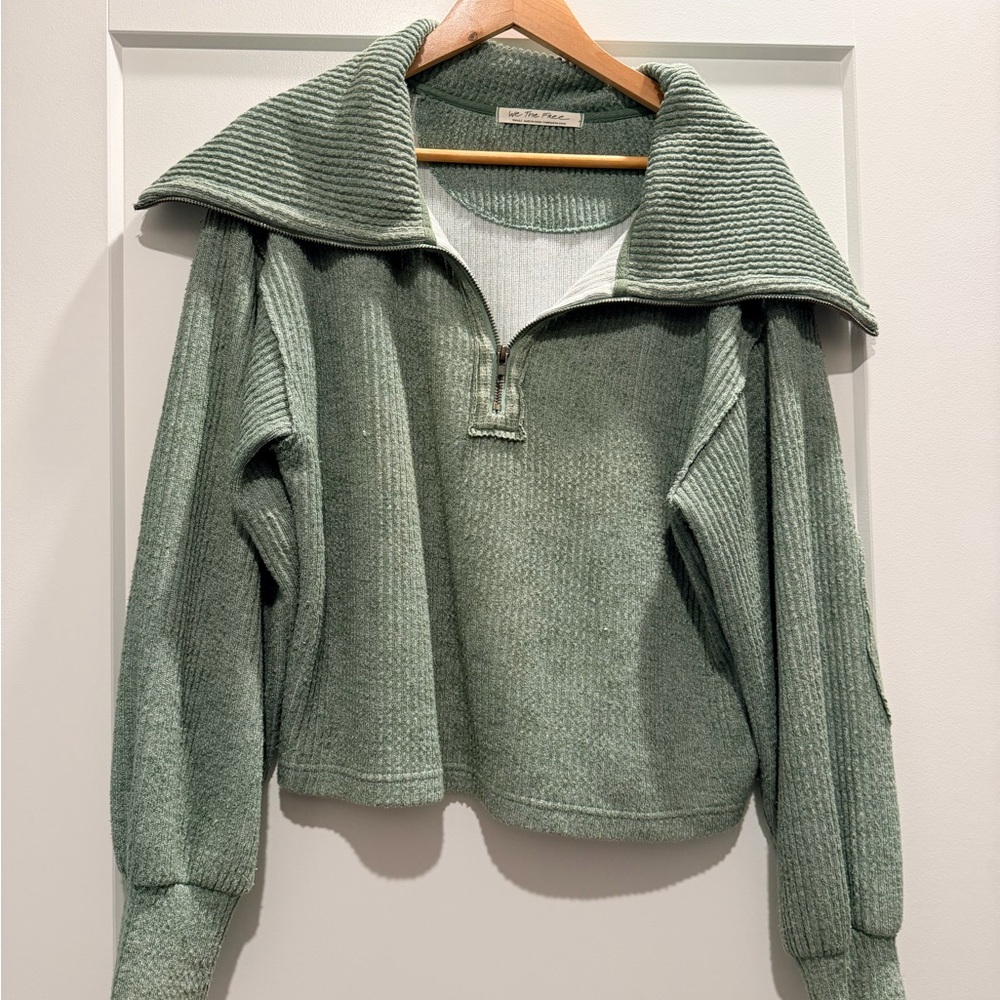 Free People Sage Green Quarter-Zip Sweater